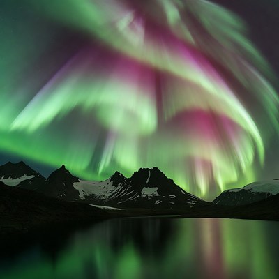 Northern Lights over Snowy Mountains and Lake