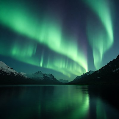 Northern Lights over Snowy Mountains and Lake