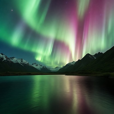 Aurora Borealis over snowy mountains and lake