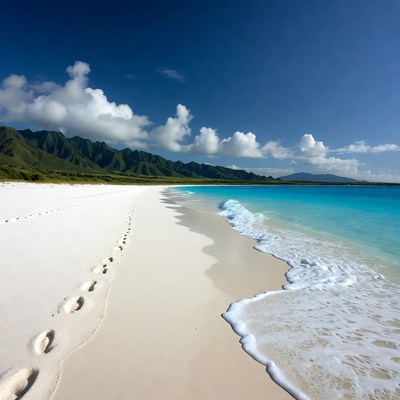 Footprints on white sand beach