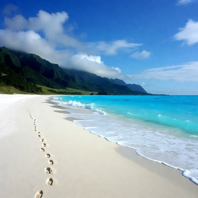 Footprints on tropical beach with mountains