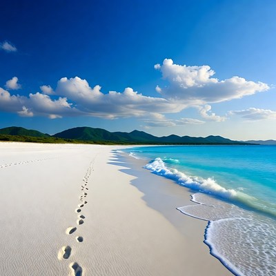 Footprints in white sand beach