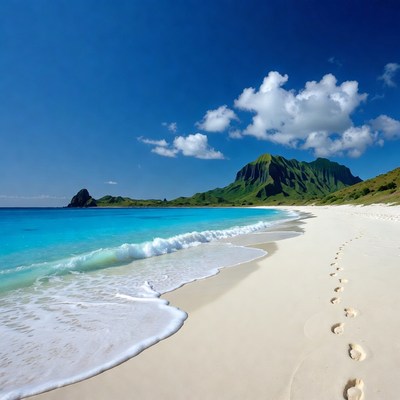 Footprints on tropical beach with mountains