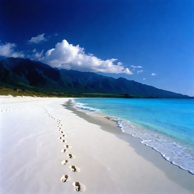 Footprints on white sandy beach