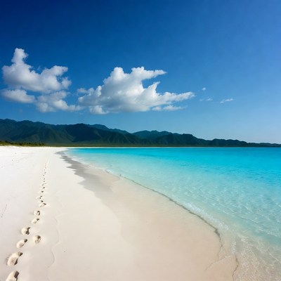 Footprints on white beach with turquoise sea