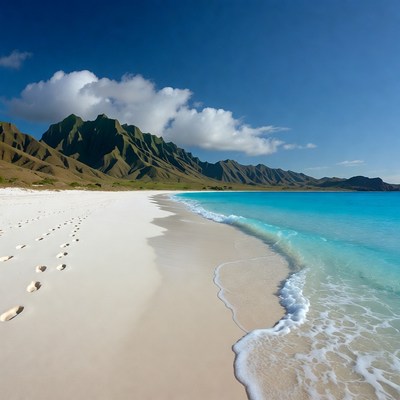 Footprints on white beach with mountains