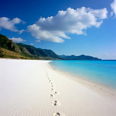 Footprints on white sand beach