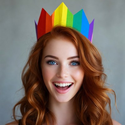 Woman wearing rainbow paper crown