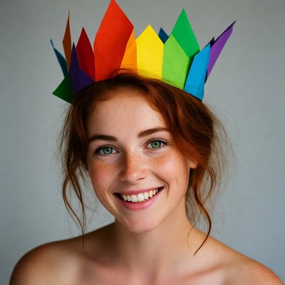 Smiling redhead woman wearing rainbow paper crown