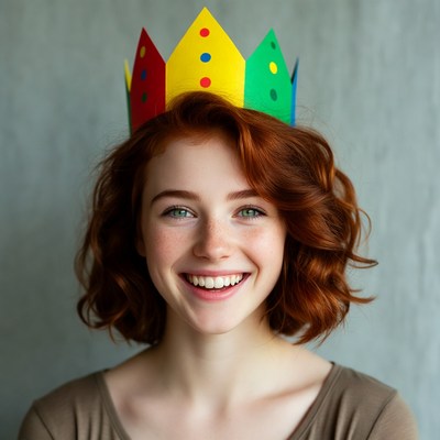 Smiling girl wearing colorful paper crown