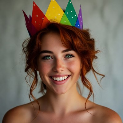 Smiling woman wearing rainbow crown