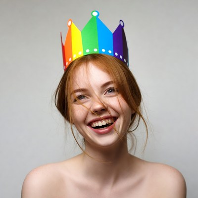 Smiling redhead woman in rainbow crown