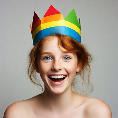 Girl smiling with rainbow paper crown