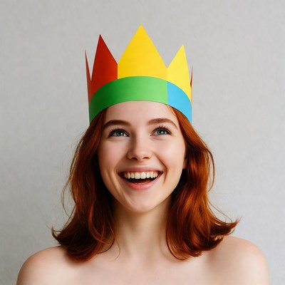 Smiling redhead woman wearing paper crown