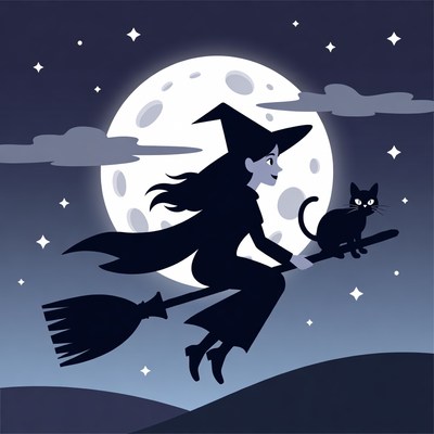 Witch flying on broom with black cat