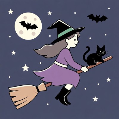 Girl witch flying on broomstick with cat