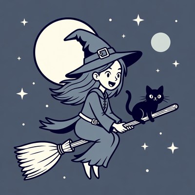 Witch flying on broomstick with cat