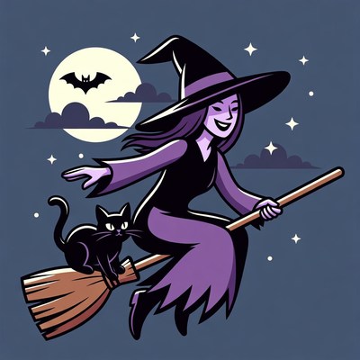 Witch flying on broom with cat