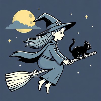Cartoon Witch Flying on Broomstick