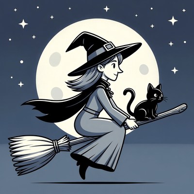 Cartoon witch flying on broomstick