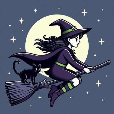 Cartoon Witch Flying on Broom with Cat