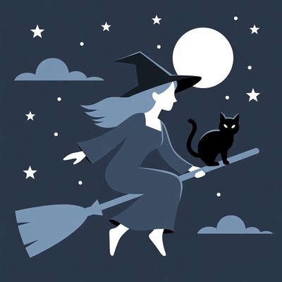 Witch flying on broomstick with cat