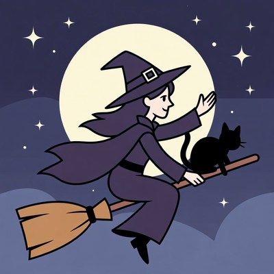 Cartoon Witch Flying on Broomstick