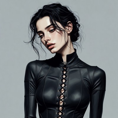 Woman in black leather dress