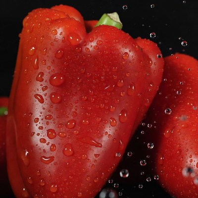 Fresh Red Bell Peppers with Water Droplets
