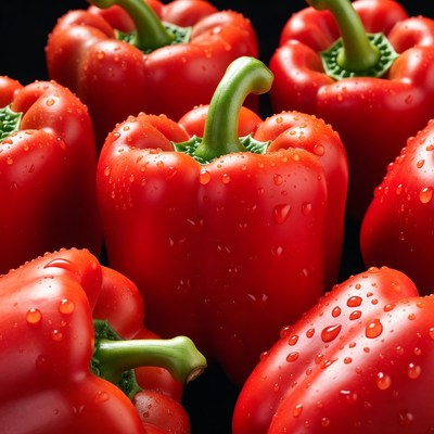 Fresh Red Bell Peppers with Water Droplets