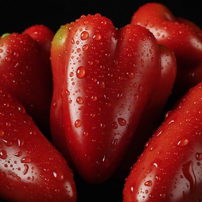 Heart-Shaped Red Bell Peppers with Water Droplets