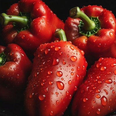 Fresh Red Bell Peppers with Water Droplets