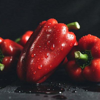 Fresh Red Bell Peppers with Water Droplets