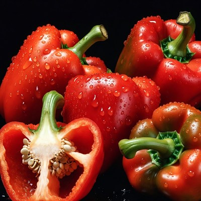Fresh Red Bell Peppers with Water Droplets