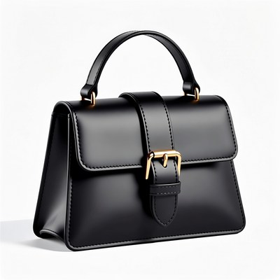 Black leather handbag with gold buckle