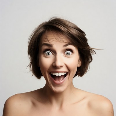 Woman with wide surprised eyes smiling