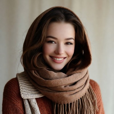 Smiling woman in brown hood and scarf