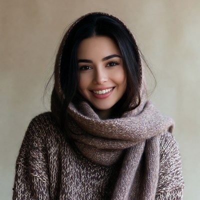 Smiling woman in knitted scarf