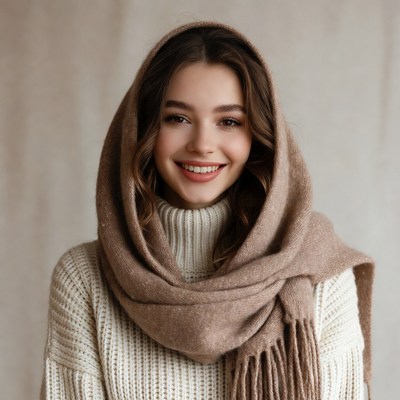 Smiling woman in white sweater and beige scarf