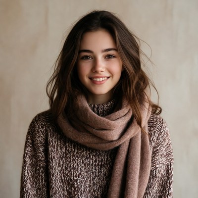 Smiling woman in brown turtleneck scarf