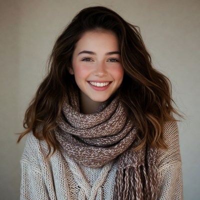 Smiling woman in knitted scarf