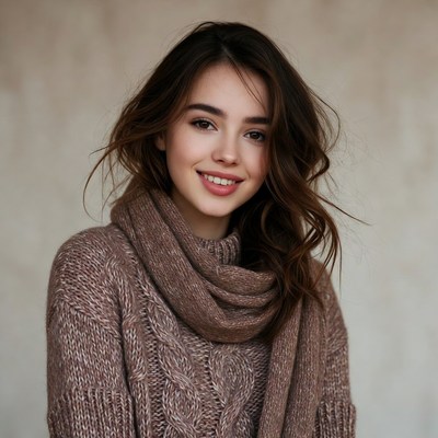 Smiling woman in brown sweater and scarf