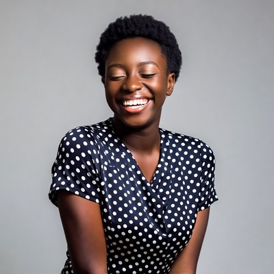 African-American woman smiling in polka dot dress