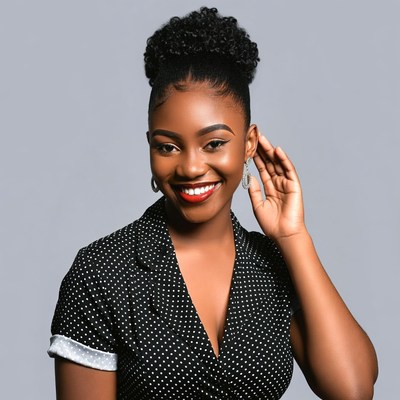 Smiling African-American woman touching earring