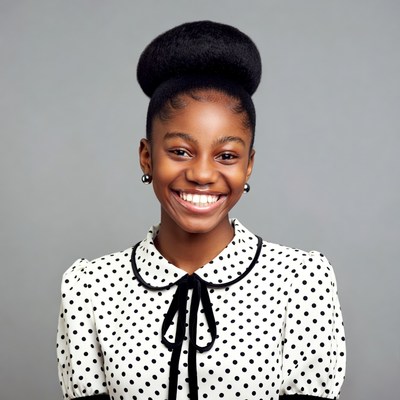 African-American girl smiling in polka dot blouse