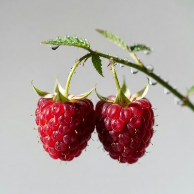 Two Ripe Raspberries with Dewdrops