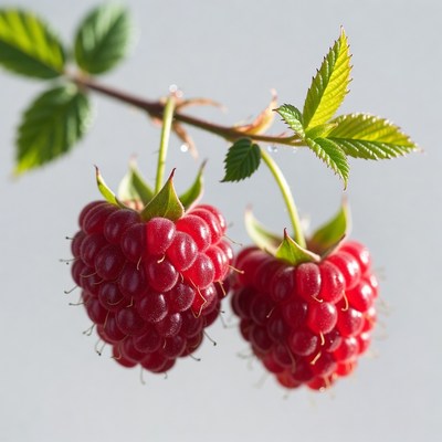 Ripe Raspberries on Green Stem