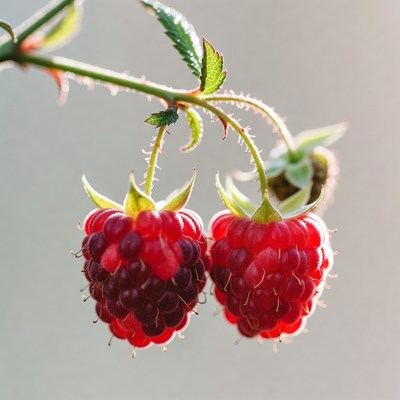 Ripe raspberries hanging on stems