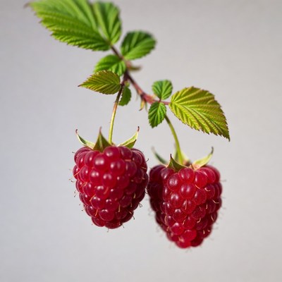 Ripe Raspberries Hanging with Leaves