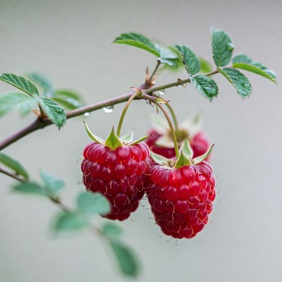 Ripe Raspberries on Branch with Dew